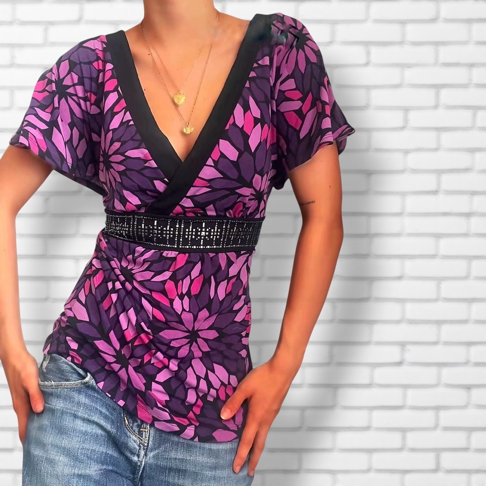 Apt. 9 Womens Small Top Purple Pink Floral Studded Empire Waist Flutter Sleeve